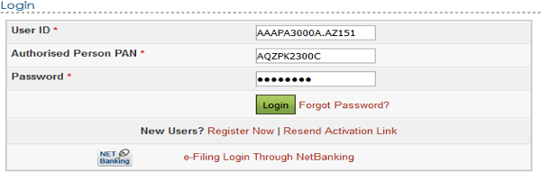 User ID (ITDREIN), Authorised Person PAN, and password