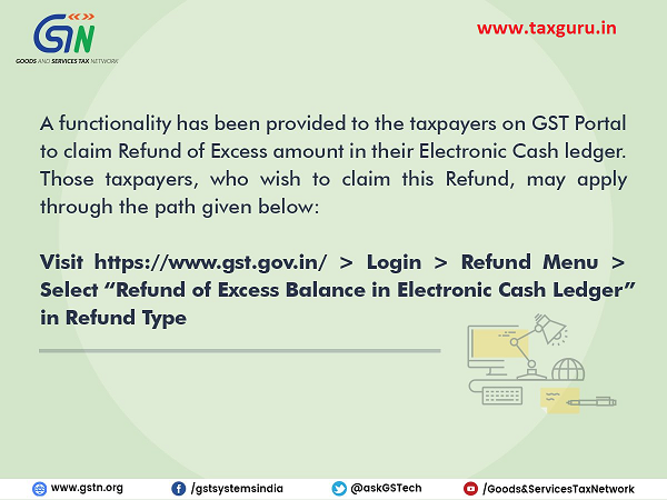 A functionality has been provided to the taxpayers on GST Portal to claim Refund of Excess amount in their Electronic Cash ledger