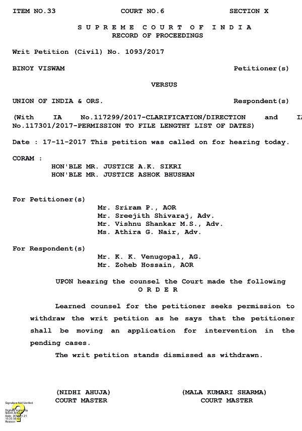 Binoy Viswam vs. Union of India (Supreme Court of India)