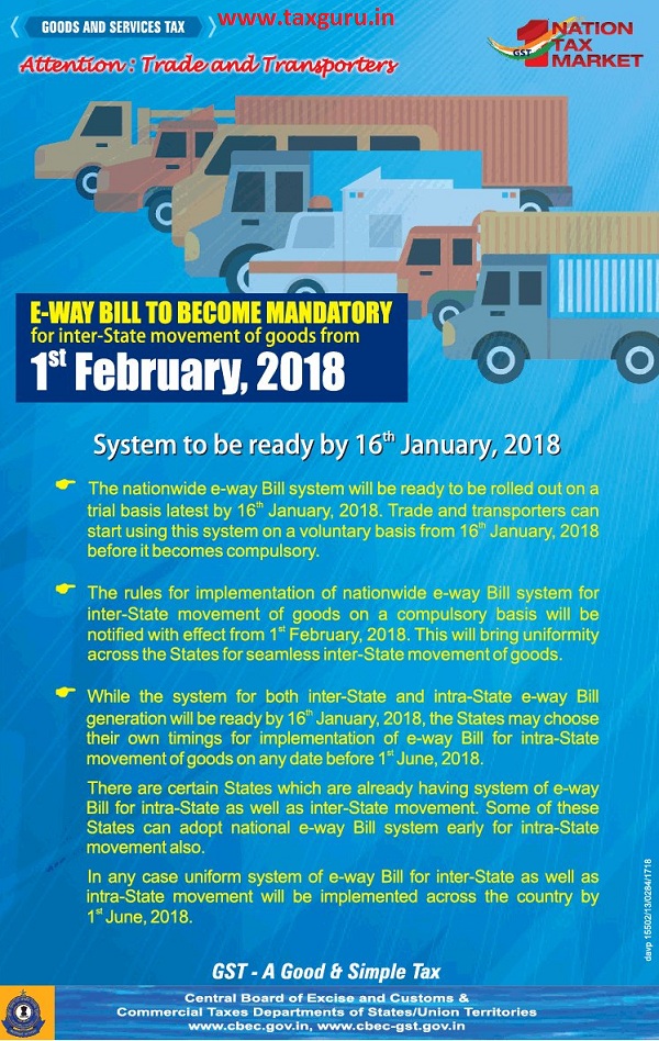 Attention trade and transporters, e-way bill to become mandatory for inter-State movement of goods from 1st February 2018