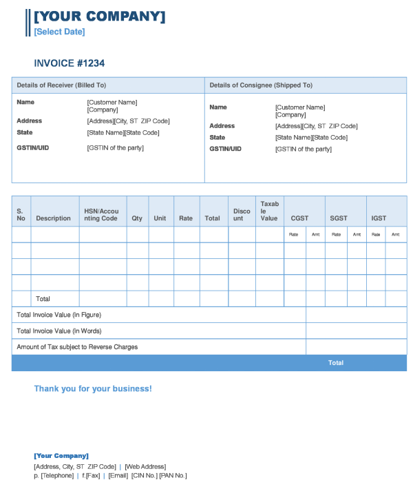 Format of Tax Invoice under GST based on essential contents notified