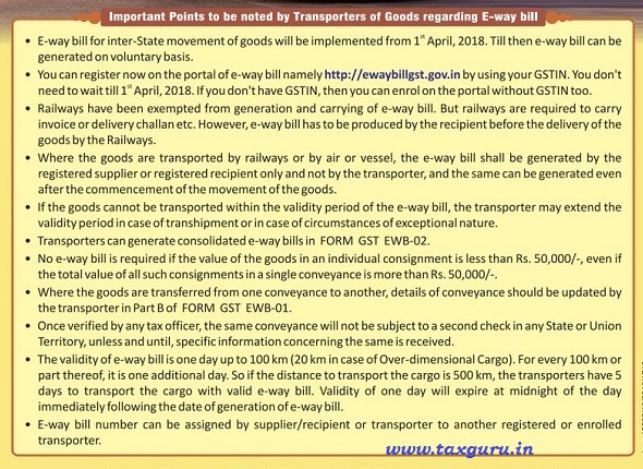 Important Points for Transporters of Goods regarding E-way bill