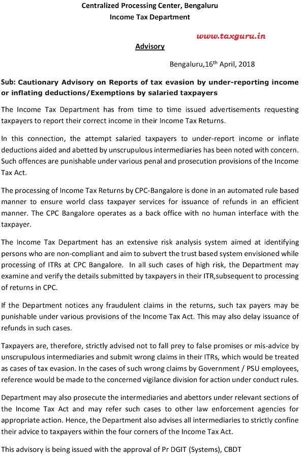 Advisory for Tax Evasion by Salaried Taxpayers