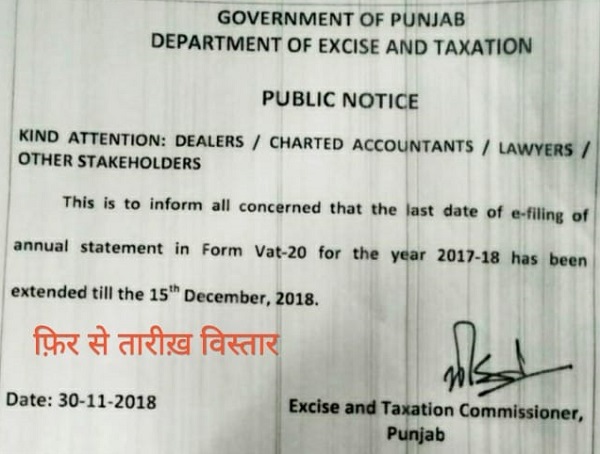 Due date for filling Annual Vat Return in Punjab