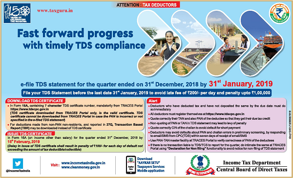 e-file TDS statement for the quarter ended on 31st December, 2018 by 31st January, 2019
