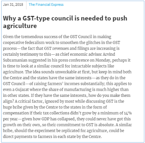 GST-type Council for agriculture