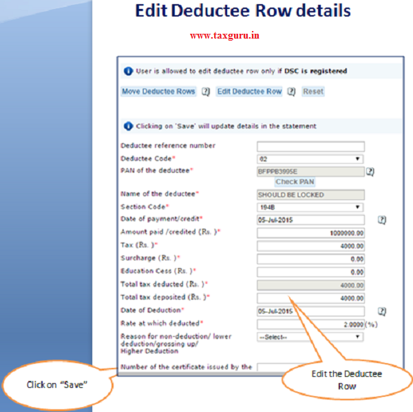 Edit Deductee Row details