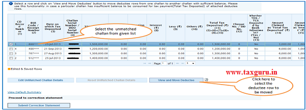 Movement of deductee row - UnMatched Challan image2