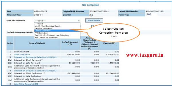 Select Challan correction