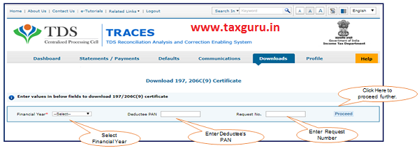 Select Financial Year (Mandatory), Enter Deductee PAN or Request Number