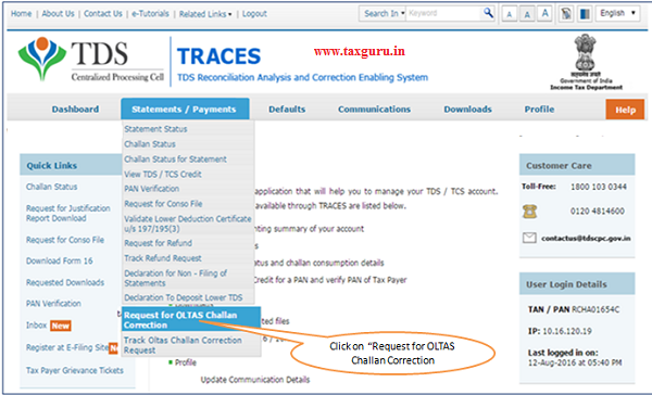 Select - Request for OLTAS Challan Correction