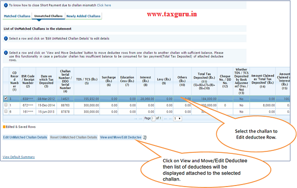 Select the Challan to Edit Deductee Row