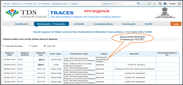 Status will be Pending for Processing at TDSCPC- Transaction received from E- Filing to TDSCPC for further Processing