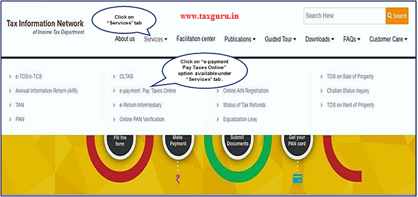 Step 1 Click on “ e payment Pay Taxes Online” available at home page and under “Services” tab