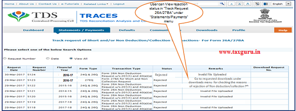 Step 13 User can View rejection status in “Track Request 26A 27BA” under “Statements Payments” menu.