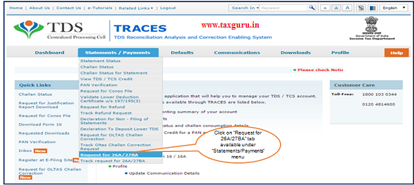 Step 2 Click on Request for 26A 27BA tab available under Statements Payments menu