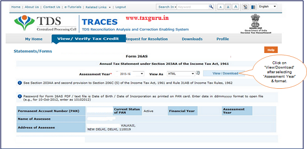 Step 2 Click on “View Download” button to View Form 26AS