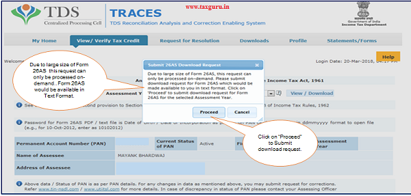 Step 2 Submit 26AS Download Request message will Pop Up will display on Screen