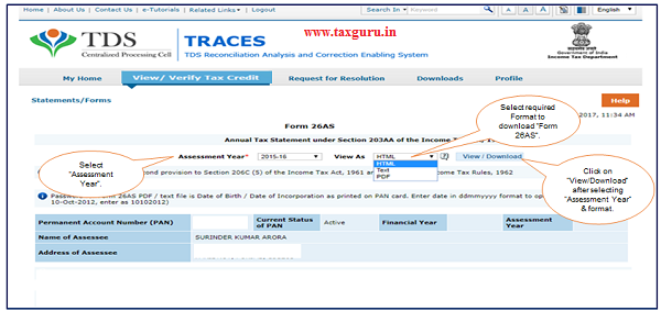 Step 4 Select “Assessment Year” and “Format” for downloading Form 26AS