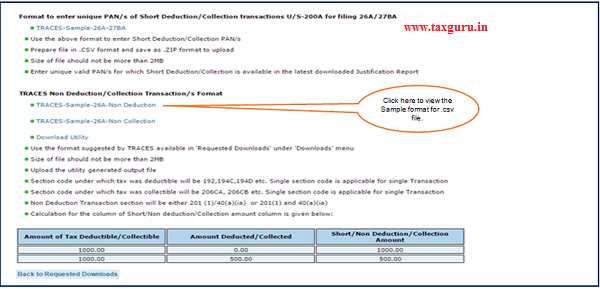 Step 6 (Contd.) Click on “TRACES –Sample -26A- Non Deduction Non Collection” to view the file format.