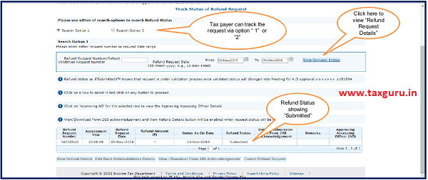 Choose “option 1 or option 2” to search Refund Status by clicking on “Track Refund Request”