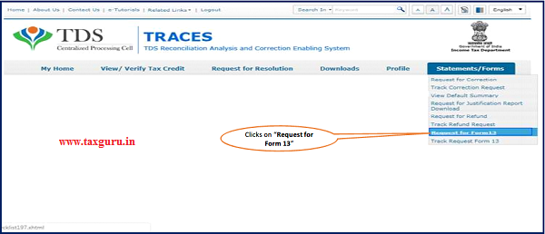 Go to ‘Statement Forms’ tab and click on ‘Request for Form 13’ tab to initiate