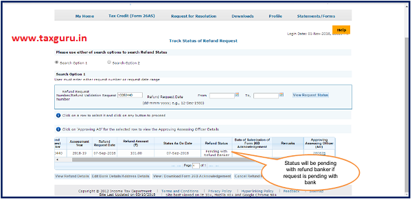 Status will pending with refund banker if request is pending with bank