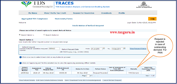 Step 11 (Contd.) Status will be rejected with TDSCPC if there is an outstanding demand for “PAN