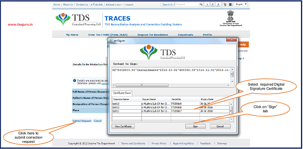 Step 2 After validating DSC(Digital Signature Certificate), Click on “Submit Request