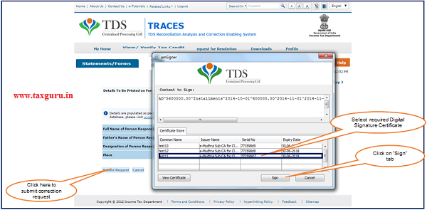 Step 2 After validating DSC(Digital Signature Certificate), Click on “Submit Request”