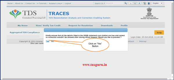 Step 2( Contd.) Click on “Yes” option to continue for “Request for Refund