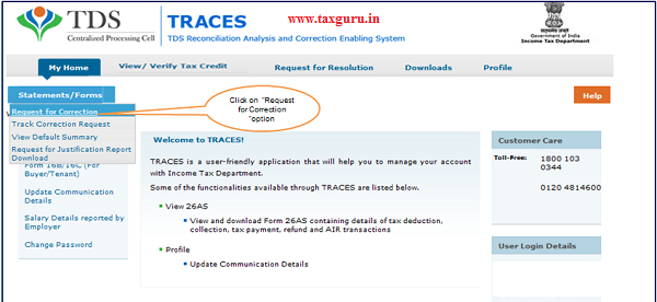 Step 2 Select option “ Request for Correction ” under “Statements Forms” tab to initiate