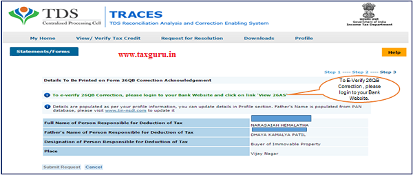 Step 2 To E-Verify 26QB Correction , please login to your Bank Website and click on link “View 26AS”