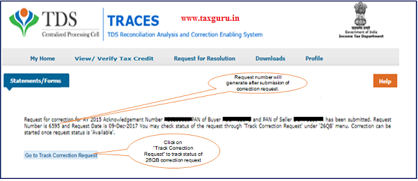 Step 3 (Contd.) Request number will generate after submission of Correction Request image 2