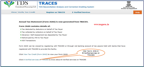 Step 3 User will log in to Bank website and selects option “Click of view 26AS” then It gets navigated to a new page which shows link “E-Verified services on TRACES”