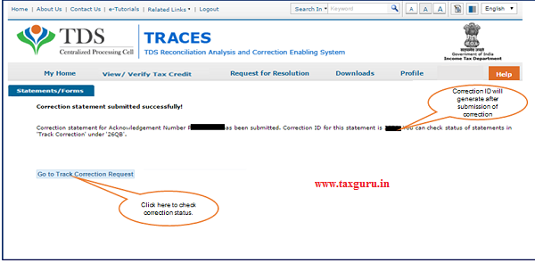 Step 3 “Correction ID” will generate after successful submission of correction.