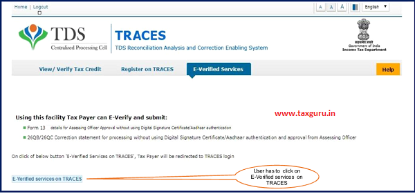 Step 4 User need to Click on “E-Verified Services on TRACES” under “E- Verified Services Tab