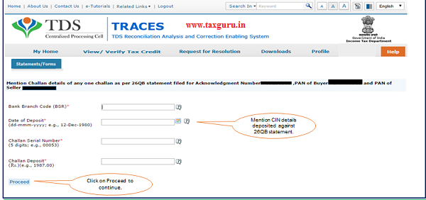 Step 5 Mention CIN details deposited against 26QB statement and click on “Proceed”