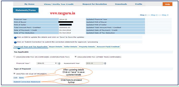 Step 6 (Contd.) Click on “Save” to save updated details then click on “Submit Correction Statement”
