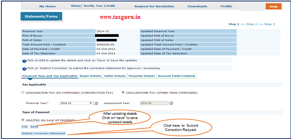 Step 6 (Contd.) Click on “Save” to save updated details then click on “Submit Correction Statement”