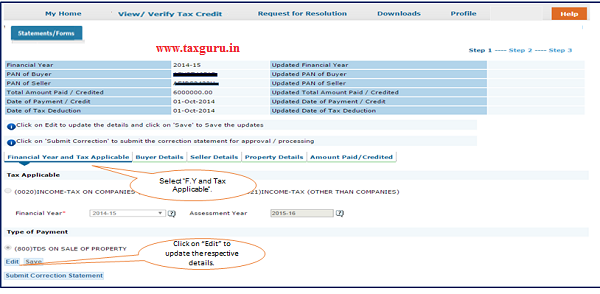 Step 6 User can select “Financial Year and Tax applicable” option to change F.Y in 26QB.