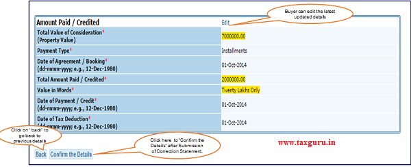 Step 7 ( Contd.) Screen will display to “Confirm the details” after Submission of Correction Statement.