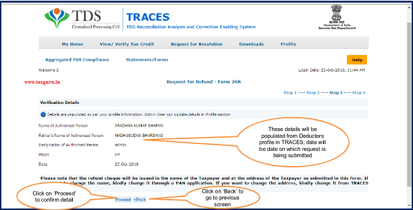 Step 8 Verification page . Click on “Proceed” to continue TDS refund request