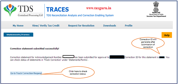 Step 9 Correction Statement submitted successfully message will display on the screen