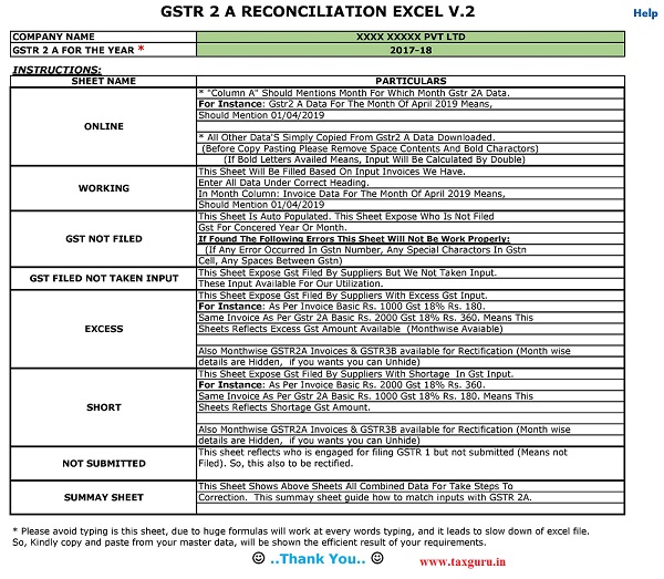 gstr 2a reconciliation excel format sample worksheet