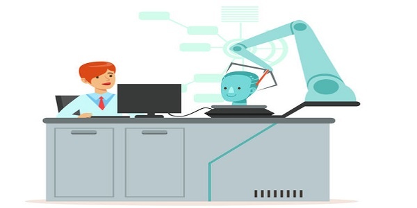 Female scientist and robotic arm conducting experiments in a modern laboratory, research center, artificial intelligence concept vector illustration isolated on a white background