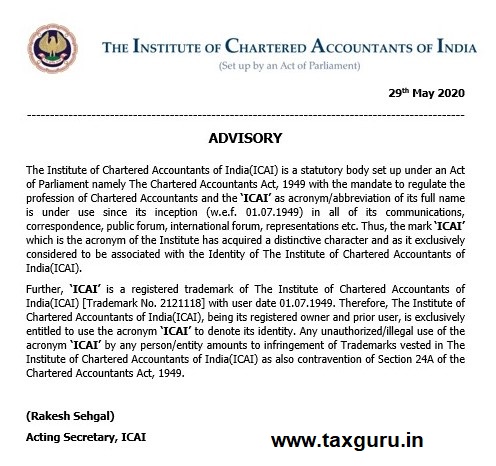ICAI Advisory on unauthorised use of Trademark ‘ICAI’
