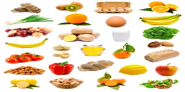 group of healthy food with fruits, vegetables, milk, bread and eggs