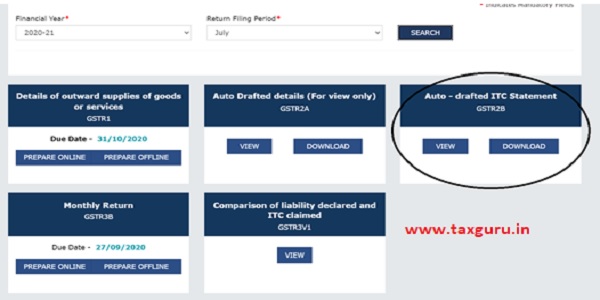 Login to GST Portal Returns Dashboard Select Return period (July 2020) GSTR-2B