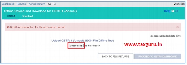 The Upload section of the Offline Upload and Download for Form GSTR-4 (Annual)